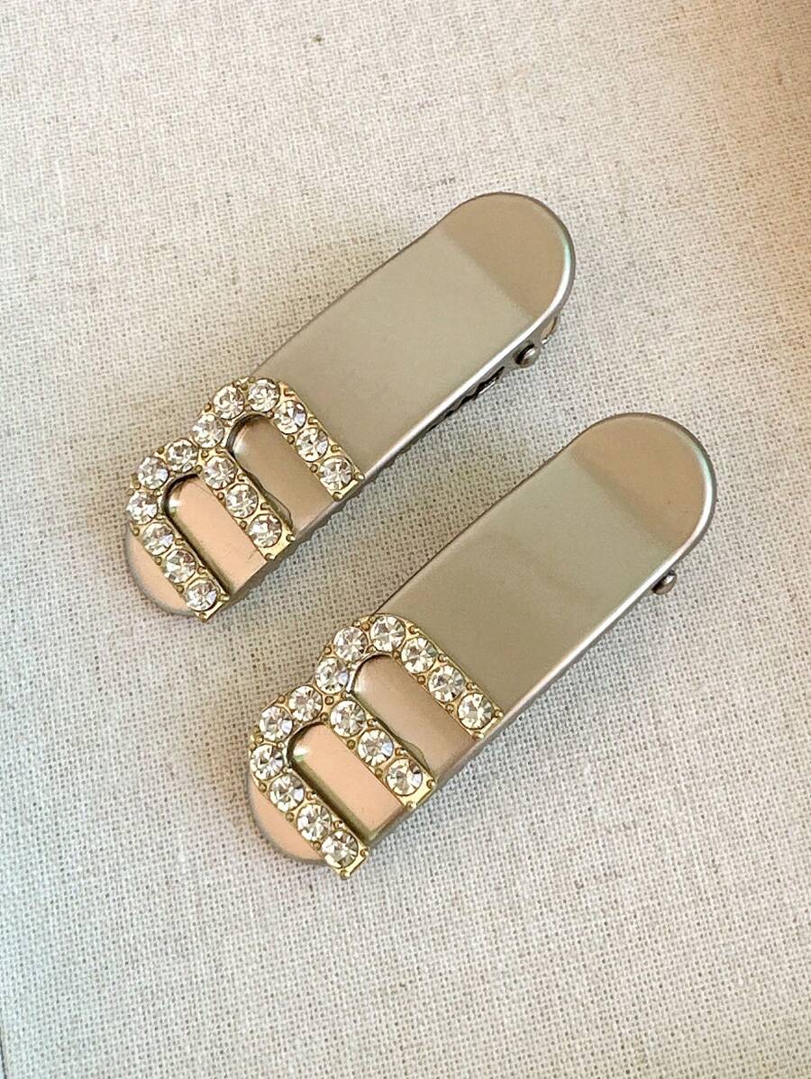 2pcs Women's Simple Metal Letter M Shape Hair Clips With Rhinestones, Silver Street Claw Clips Hair Claws Hair Barrettes, School Stuff, Looks Of Party, Hair Accessories, Head Accessories - Multicolor - View 1