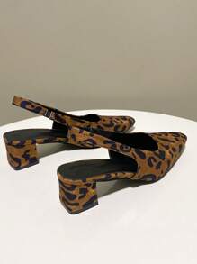 Women Low-Heeled Leopard Print Square-Toe Slingback Elastic Strap Sandals, Versatile Chunky Heels - Leopard - View 6