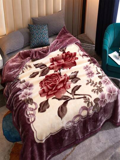 1pc Christmas Floral & Plant Pattern Raschel Blanket, Nordic Style Polyester Fiber Blanket, Suitable For Bed, Sofa, Home, Bedroom, Hotel, Autumn/Winter, Thick & Warm