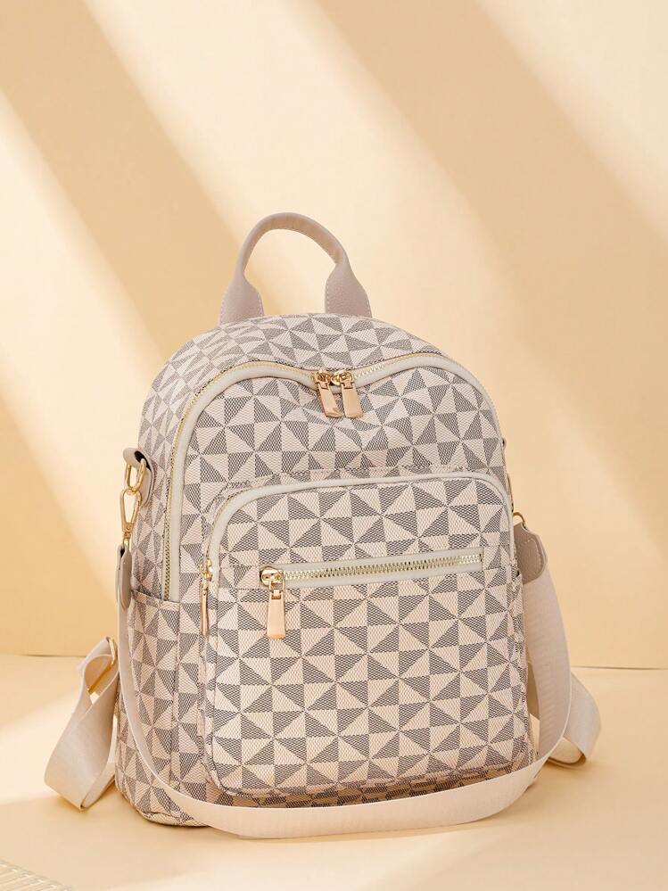 女性時尚菱形網格大容量背包，可轉換為肩背包，適用於休閒、上班通勤、學生或媽媽，適用於學校袋、手提袋，可放置筆記本電腦，大容量，適用於青少年女孩、女大學生、大學、中學、高中、戶外、旅行、郊遊、小學、辦公室等場合 - 米色 - 查看 1