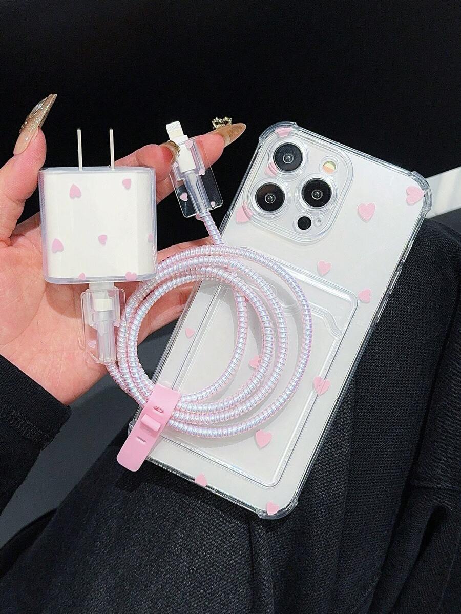 Funda para teléfono con forma de corazón compatible con Apple, incluye protector de cable de carga, protector antimordedurasde enrollador de cable - Multicolor - Ver 1