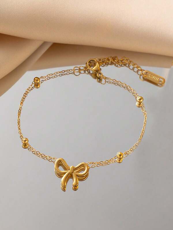 1pc Women Stainless Steel Gold Ball Beads Butterfly Pendant Bracelet, Fashion Daily Jewelry Gift, No Gift Box Included