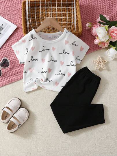 Young Girl Letter Heart Printed Short Sleeve Top & Straight Pants Outfit
