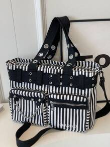复古条纹大容量手提包，热辣女孩酷朋克 Y2K 单肩包，女士铆钉装饰斜挎包和手提包，多功能多口袋纯色户外旅行挎包，休闲日常通勤斜挎购物包，音乐节的完美选择，适合学校的单肩包 - 彩色 - 查看 5