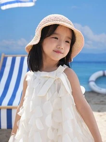 1入女童新款春夏彩虹設計透氣甜美紙簍漏斗帽，輕便透氣，戶外活動必備 - 卡其色 - 查看 6