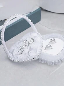 1 pieza Cojín de anillo para niña de las flores en boda con forma de corazón con encaje, caja de anillo con perlas y rhinestones en forma de corazón, cojín portador de anillo para niña de las flores, soporte para anillo de compromiso, caja de anillo con mariposa de encaje, caja de joyería, caja de almacenamiento de anillos de boda, soporte portador de anillo, cesta con mariposa para fiesta de boda, propuesta, declaración, cojín de anillo pequeño portátil, caja de anillo para el Día de San Valentín