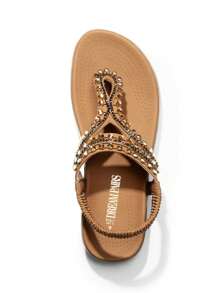 Women's Comfortable Dressy Flat Sandals Rhinestone Elastic T-Strap Thong Sandals For Summer Beach - 棕色 - 查看 4
