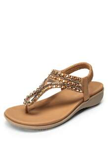 Women's Comfortable Dressy Flat Sandals Rhinestone Elastic T-Strap Thong Sandals For Summer Beach - 棕色 - 查看 8