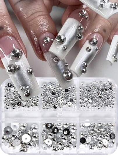 3D Punk Silver Pearl Nail Art Design, 3D Luxury Gothic Pearl Nail Art Technique, Crystal Decoration, Mixed DIY Nail Gems, Nail Art Supplies