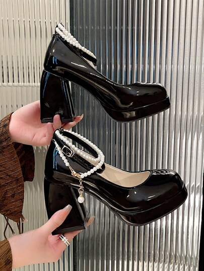 Zapatos de tacón grueso estilo francés con correa de tobillo, cadena de perlas, para mujer, punta puntiaguda, zapatos de moda, novedades 2024, gran tamaño, Mary Jane