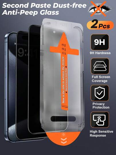 2pcs Anti-Spy Tempered Glass Screen Protector Compatible With IPhone 15 Pro Max/IPhone 14/IPhone 13, Full Coverage Anti-Peeping Privacy Screen Protector, Dust-Free Applicator, Bubble-Free Easy Installation, Anti-Fingerprint, Scratch-Resistant, Waterproof, Compatible With IPhone X-15 Series
