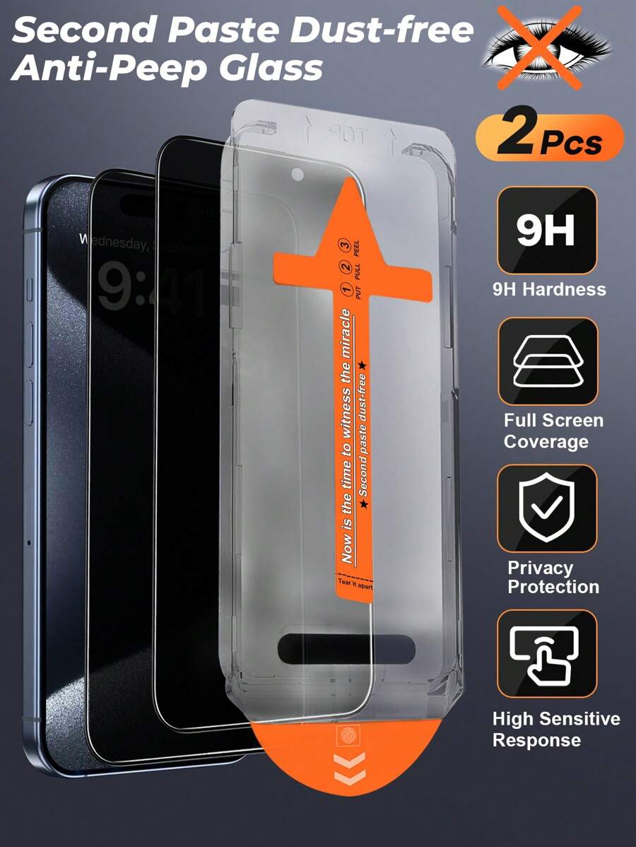 2pcs Anti-Spy Tempered Glass Screen Protector Compatible With IPhone 15 Pro Max/IPhone 14/IPhone 13, Full Coverage Anti-Peeping Privacy Screen Protector, Dust-Free Applicator, Bubble-Free Easy Installation, Anti-Fingerprint, Scratch-Resistant, Waterproof, Compatible With IPhone X-15 Series