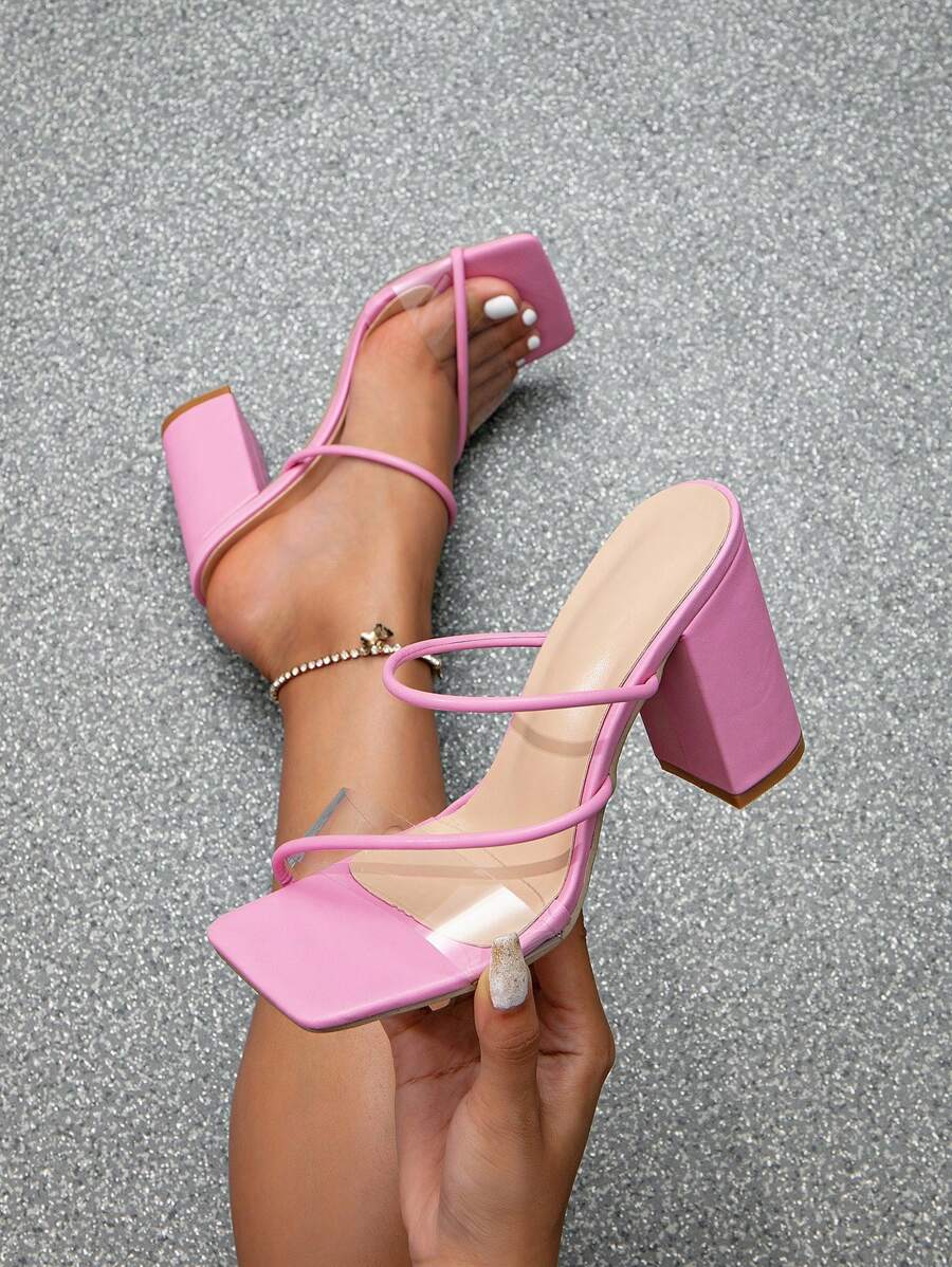 女性粉色方頭厚跟凉鞋，具有半透明帶，由柔軟皮革製成的性感高跟鞋，使腿部更顯長，時尚、多用途、舒適的女鞋 - 粉色 - 查看 1