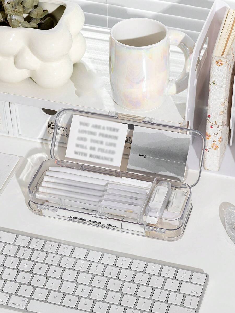 1pc Acrylic Transparent Double Layered Exam Dedicated Pencil Box For Boys And Girls, Of Primary School And Middle School, Plastic Pencil Case For Stationery Storage,Pencil Pouch,School Bag