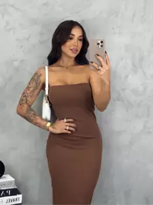 KIT 2 Midi Long Strapless Dresses In Unlined Fabric Without Pads - Rỉ Nâu - Xem 9