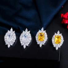 SEQUITO Ensemble De Bijoux De Mariage En Cube Aaa De Coupe Princesse À Pavé De Luxe De 2 Pièces Avec Pendentif Carré, Collier Ras-du-cou Et Boucles D'oreilles Pour Accessoires De Robe