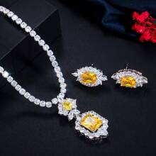 SEQUITO Ensemble De Bijoux De Mariage En Cube Aaa De Coupe Princesse À Pavé De Luxe De 2 Pièces Avec Pendentif Carré, Collier Ras-du-cou Et Boucles D'oreilles Pour Accessoires De Robe