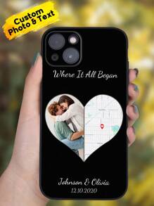 Walentynki 1 szt. Niestandardowe zdjęcie, data i nazwa etui na telefon S etui na telefon dla par, gdzie wszystko się zaczyna niestandardowe etui na telefon z mapą kompatybilne z iPhone Pro /Pro Max/X/ XR/XS/ XS Mini/Max spersonalizowane etui z TPU na iPhone'a dla chłopaka, dziewczyny, żony, męża, pary idealny prezent na Walentynki, urodziny i rocznice - Czarne - Zobacz 1