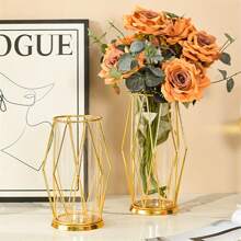 1pc Geometric Glass Vase With Metal Bracket, Crystal Transparent LInnerVase, Hand-Plated Metal Geometric Vase, Golden Color Vase DecorationFor Home Office Wedding Holiday Party Gifts Birthday Graduation Home Decor Room Decor Flower Vase
