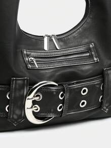 1pc Women's Street Vintage Y2k Motorcycle Western Wasteland Style Mireider Style Faux Leather Multi-Strapped Casual Abrasive Leather Shoulder Bag With Metal Decoration, Large And Adjustable Shoulder Strap For Street, Dating, Party, Perfect For Music Festival, Suitable For Teen Girls Women College Students, Rock Style Bag For Women, Western Purse For Women, Bohemia Style Bag For Women - 黑色 - 查看 7