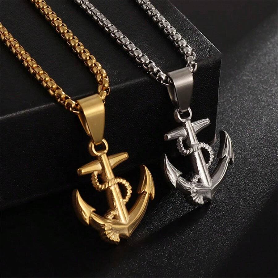 SeuSuk 1pc Men's Vintage Punk Anchor Ship Chain Necklace, Stainless Steel - Anchor - View 1
