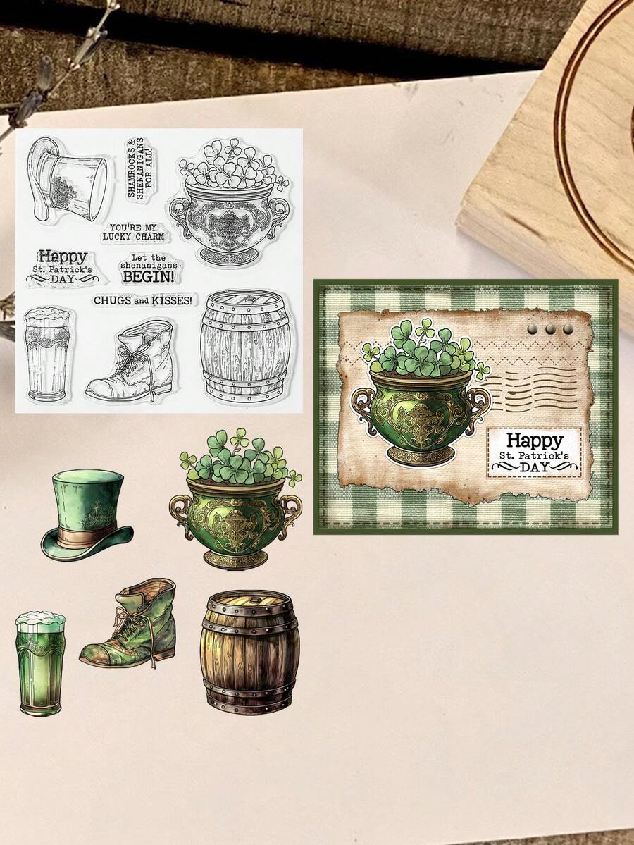1pc 5.51*5.51 Inches St. Patrick\\\ Day Beer Cowboy Hat Boots Silicone Clear Stamp For DIY Scrapbooking DIY Craft Card Making Album Decoration - Transparent - View 1