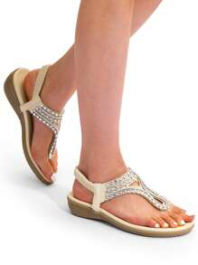 Women's Comfortable Dressy Flat Sandals Rhinestone Elastic T-Strap Thong Sandals For Summer Beach - White - View 8