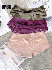 3 Peças Calcinhas Sem Costura de Cintura Baixa com Detalhes em Renda Lingerie