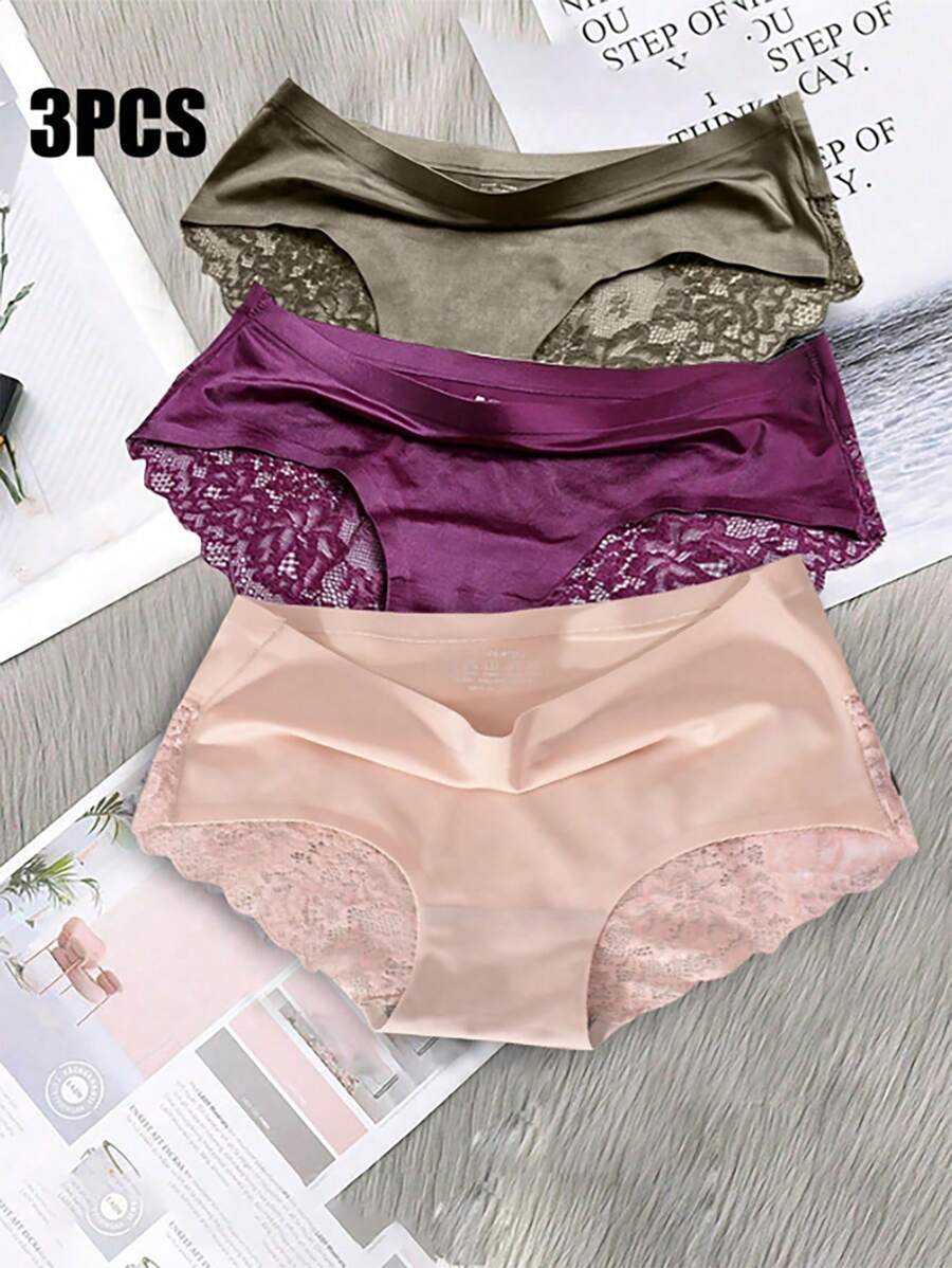 3 Peças Calcinhas Sem Costura de Cintura Baixa com Detalhes em Renda Lingerie