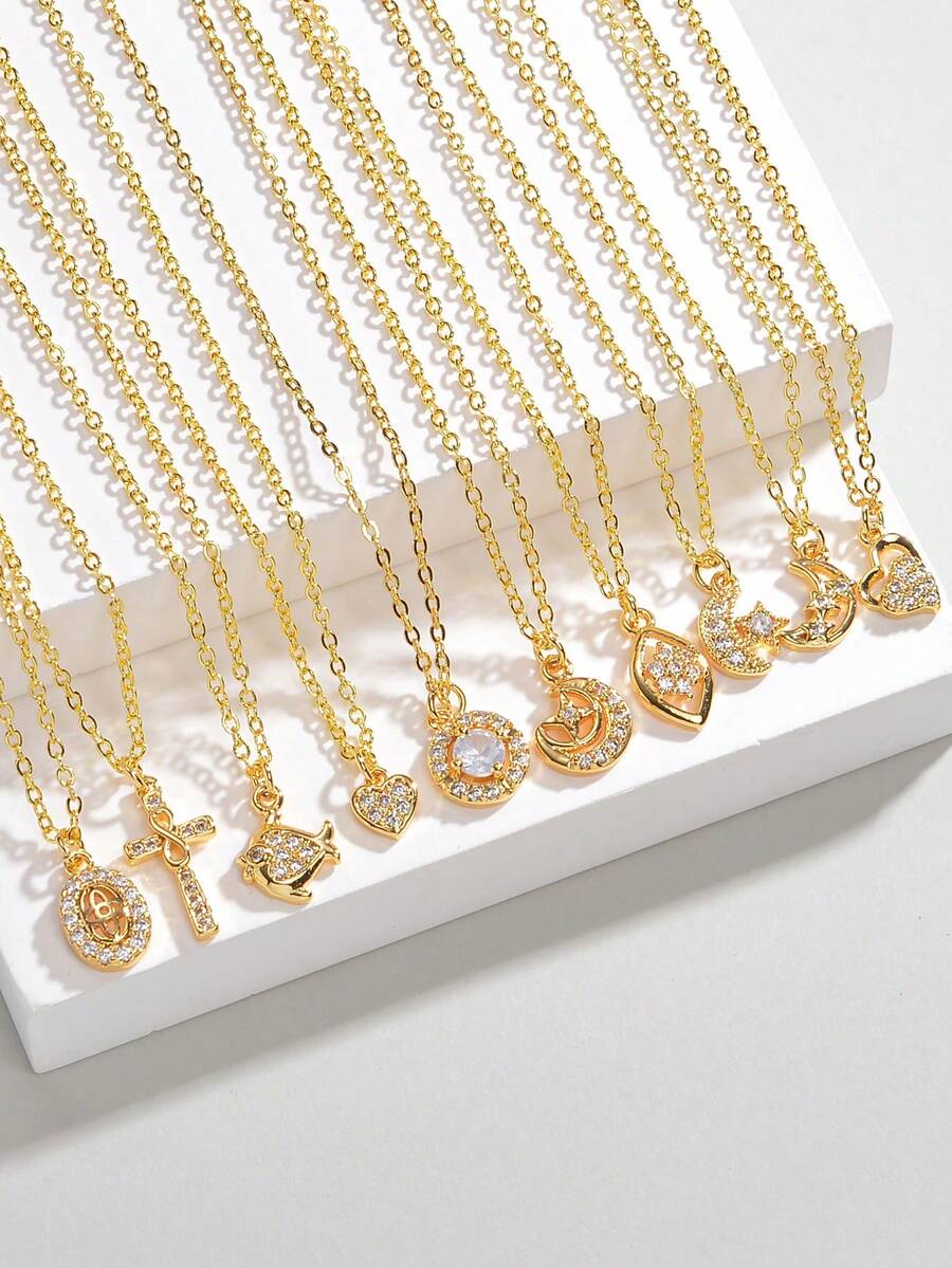 Vòng cổ nữ thời trang mới 2024, Mặt dây chuyền dài màu titan-đồng-vàng-bạc, chống phai màu, lý tưởng cho quà tặng sinh nhật hoặc ngày lễ tình nhân, có thánh giá, cá Phục sinh, trái tim, mặt trăng và các ngôi sao - Vàng - Xem 1