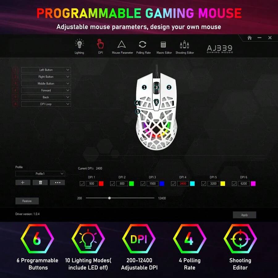 RGB Lightweight Gaming Mouse Wired, Pixart PMW3327 12400DPI Optical ...