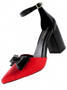 Scarpin Salto Grosso Aberto Preto Vermelho Laço Cordinha Amarração Clássico Confortável