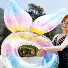 1個加厚成人游泳圈，彩色魚尾游泳圈，含閃亮亮片沙灘救生圈游泳充氣玩具，擴大網路流行款式多種規格可供選擇 - 七彩魚尾 - 查看 3