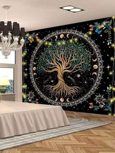 1pc Life Tree & Moon Phase Printed Wall Tapestry, Modern Style Polyester Fiber Square Decoration Tapestry Suitable For Living Room And Bedroom Decor, Flag For Room, Room Decor, Tapestry, Wall Decor, Wall Art ,Home Decor ,Room Stuffs, Flags For Room, Tapestries