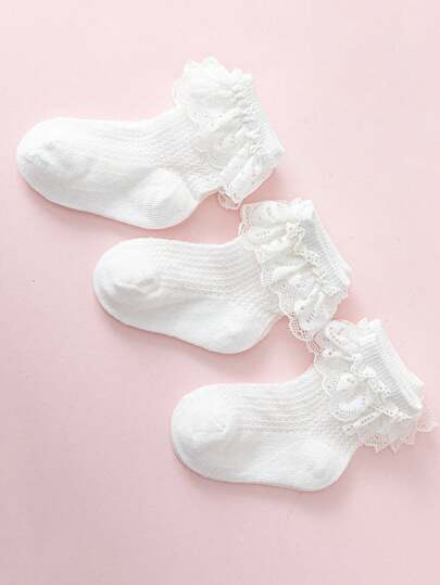 3双/包 幼儿女孩公主风格白色蕾丝网眼透气花卉图案袜子 适合日常穿着