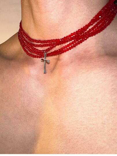 Y2Kool 1 pieza Collar cruzado de 5 capas con cristal de vidrio adecuado para uso diario, unisex