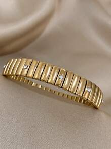 1 Pc Rhinestone Slim Stainless Steel Stretchy Bracelets For Women Teen Girls Gold Color Bangle Bracelets Summer Daily Party Jewelry Mother Day Gifts