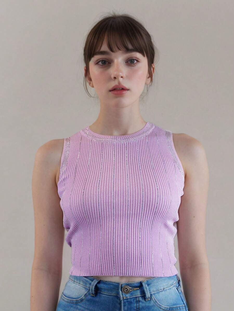 Crop top crystal premium super stretch tejido canalé musculosa - Lila Púrpura - Ver 1