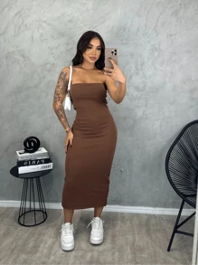 KIT 2 Midi Long Strapless Dresses In Unlined Fabric Without Pads - Rỉ Nâu - Xem 2