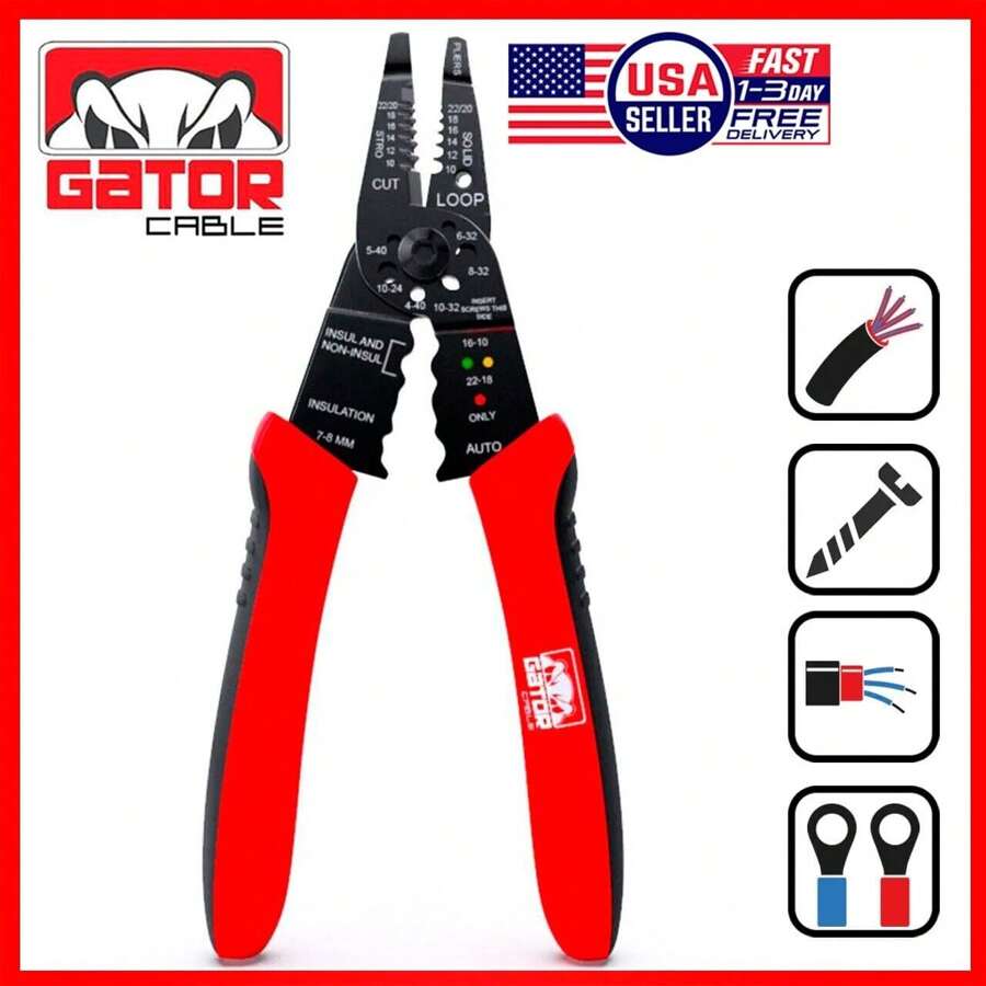 Wire Cable Screws Stripper Cutter Crimper Shearer Snipper Electrical Hand Pliers Grip Multi-Tool Fiver Optic Cabling Red Gator Cable - 紅色 - 查看 1