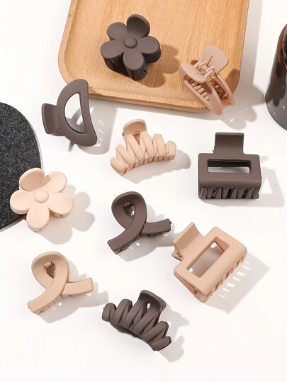 10 件米色哑光简约花朵 & 波浪 & 半圆形 & 方形交叉半马尾发夹发夹爪夹发夹发夹发夹发夹，学校用品，学院秋冬发饰，适合女士度假装扮