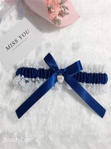 新娘婚礼腿吊袜带 - 心形吊坠蕾丝腿环吊袜带，蓝色蝴蝶结腿饰，适合婚礼派对 - 藏蓝色 - 查看 12