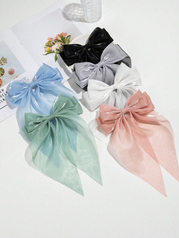 6pcs Fashionable Solid Color Hair Bow With Ribbon Streamer Medium Size Hair Clip