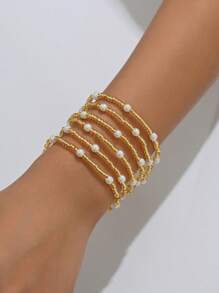 6入組女士時尚、優雅、簡單、甜美，手工調節珠鏈假珍珠手鍊，適合日常佩戴和作為禮物贈送給朋友