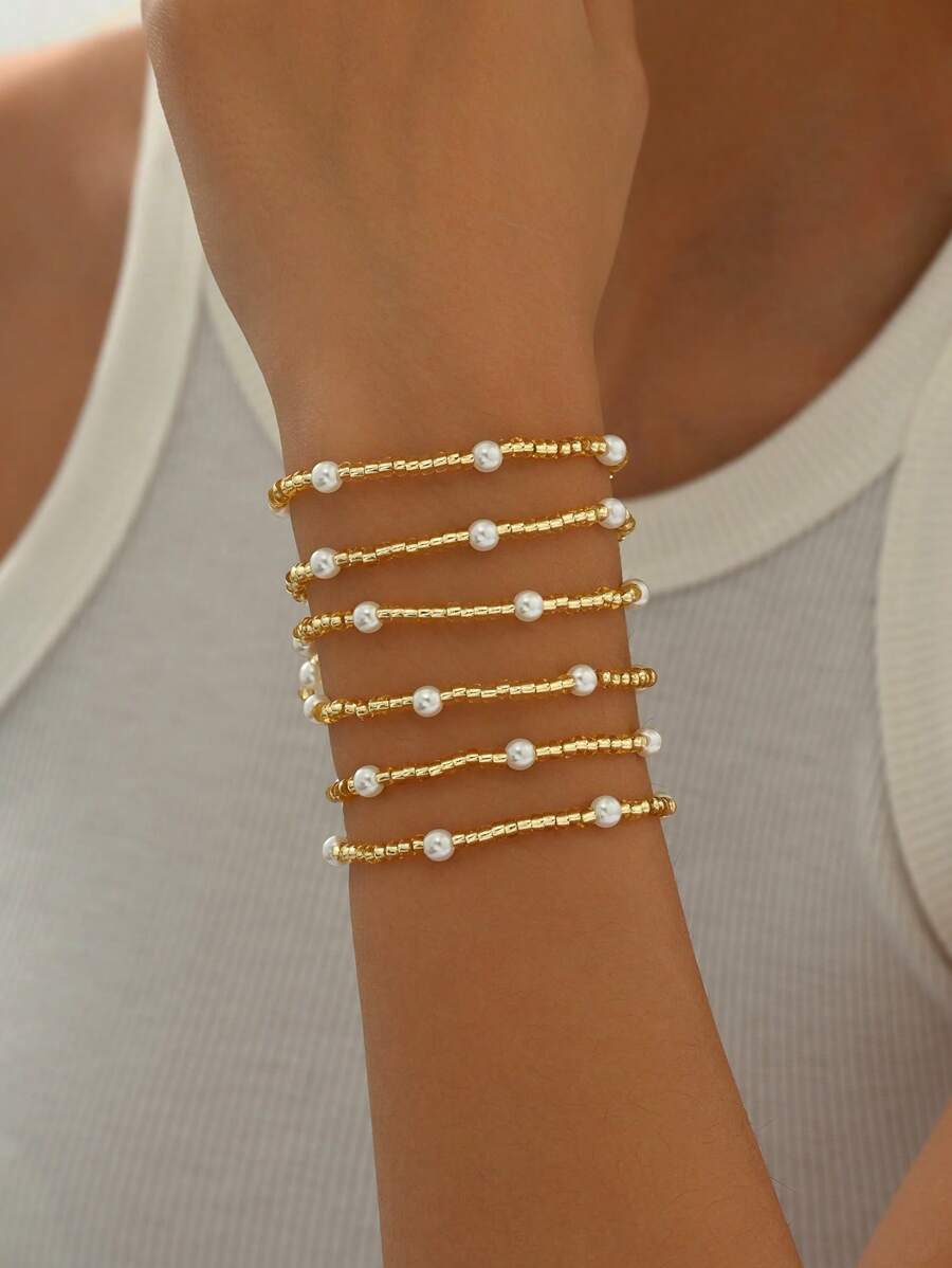 6入組女士時尚、優雅、簡單、甜美，手工調節珠鏈假珍珠手鍊，適合日常佩戴和作為禮物贈送給朋友