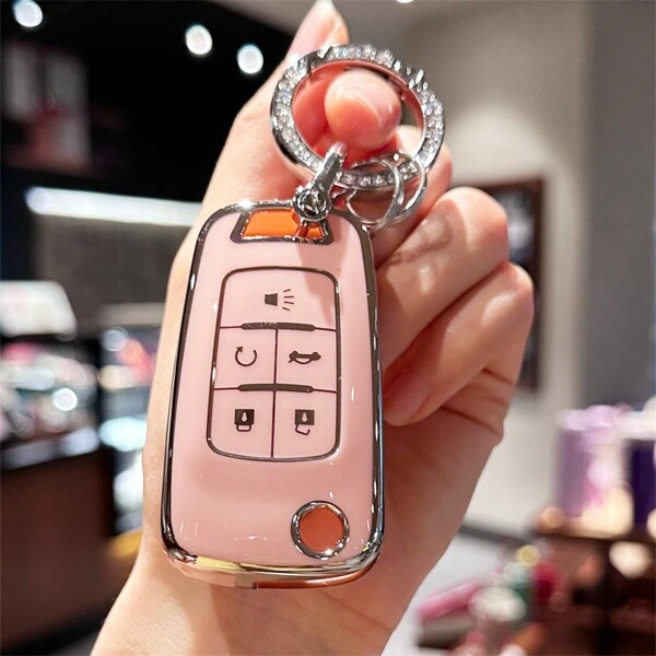 3pcs Key Fob Cover With Bling Bling Keychain Keyring, TPU Full Protection Key Fob Case For Chevy Chevrolet Equinox Camaro Cruze Malibu Sonic Buick Terrain