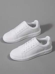 四季男士平底鞋，圆头系带软底休闲运动鞋，男士白色 PU 皮革低帮鞋 - 白色 - 查看 5