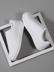 四季男士平底鞋，圆头系带软底休闲运动鞋，男士白色 PU 皮革低帮鞋 - 白色 - 查看 4