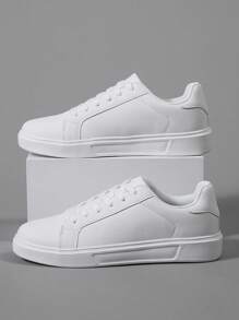 四季男士平底鞋，圆头系带软底休闲运动鞋，男士白色 PU 皮革低帮鞋 - 白色 - 查看 1