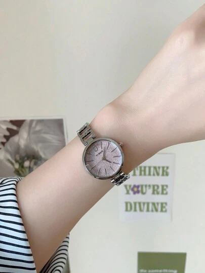 Fashionable Silver Stainless Steel Round Dial Quartz Wristwatch For Women, Elegant, All-Match, 1pc As A Gift For Students Returning To School